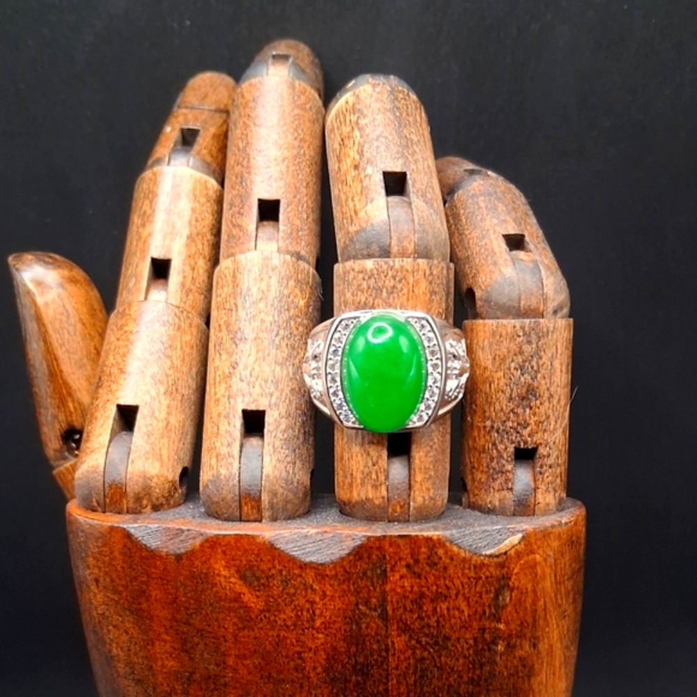 Green Jade & White Zircon 7.50 ctw Dragon Ring in Rhodium Over Sterling Silver